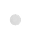 White round coaster by Alessi with a raised intricate scrolled pattern and scalloped edge.