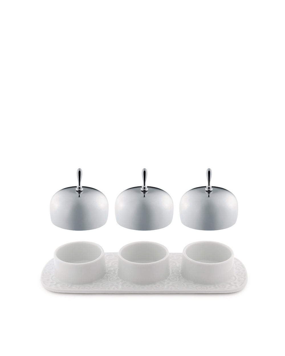 White porcelain condiment serving set by Alessi with a patterned tray and three domed chrome lids.