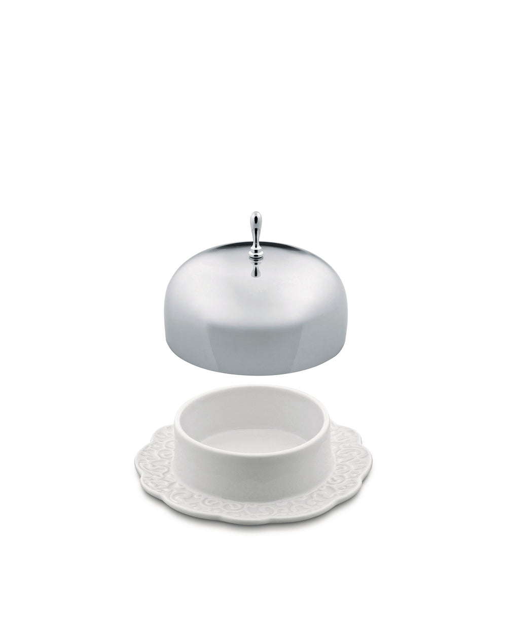 White ceramic butter dish by Alessi with a shiny domed silver lid floating above an ornate embossed base.
