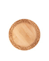 Round light wood chopping board by Alessi with carved scrollwork pattern on the outer rim.