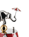Shiny silver decorative circus figure by Alessi, featuring an elephant on a gold ball, a mouse, and a red and white striped umbrella.