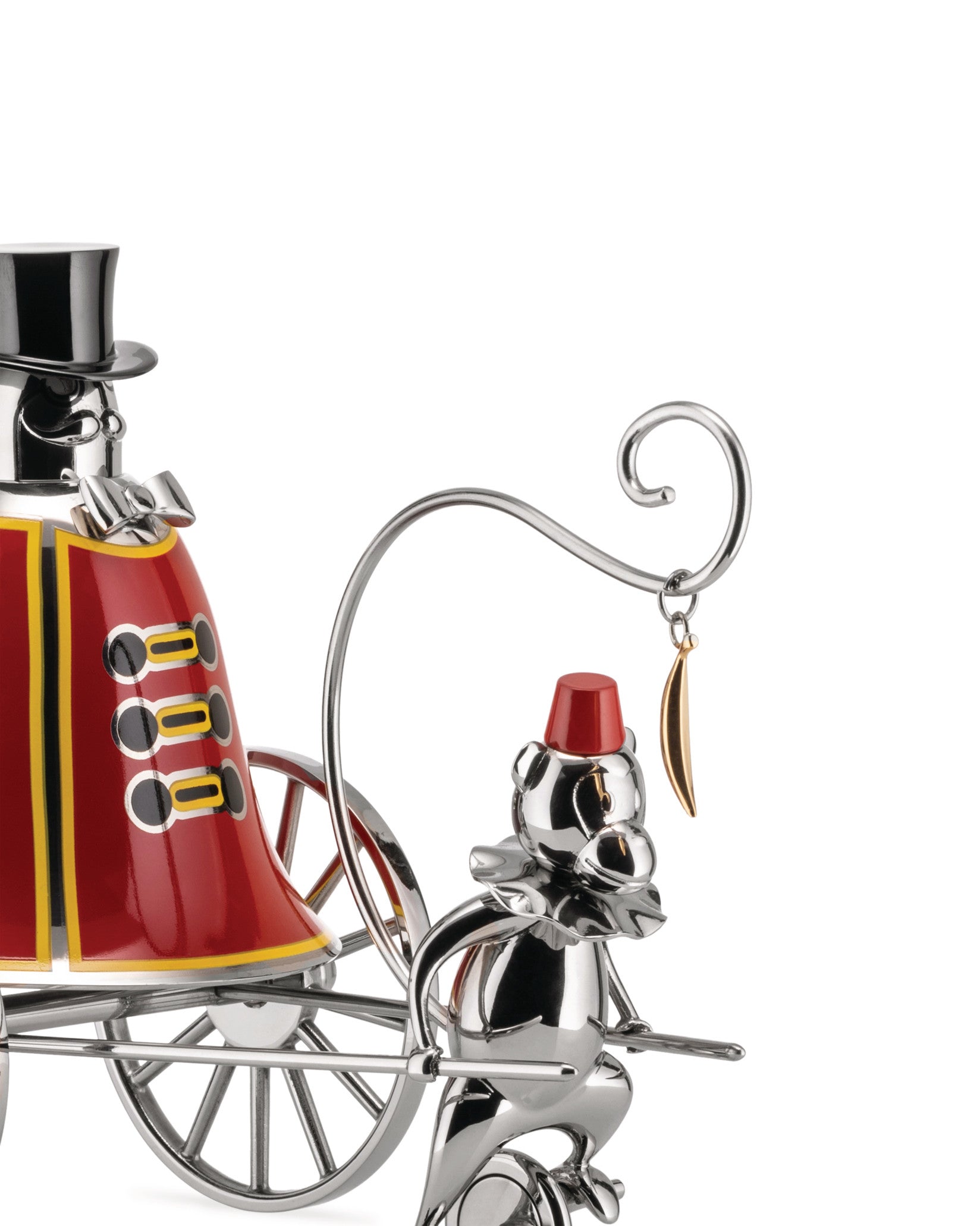 Chrome-plated and enameled Ringleader decorative object by Alessi, with a red jacket, top hat, and a companion figure with a red fez.