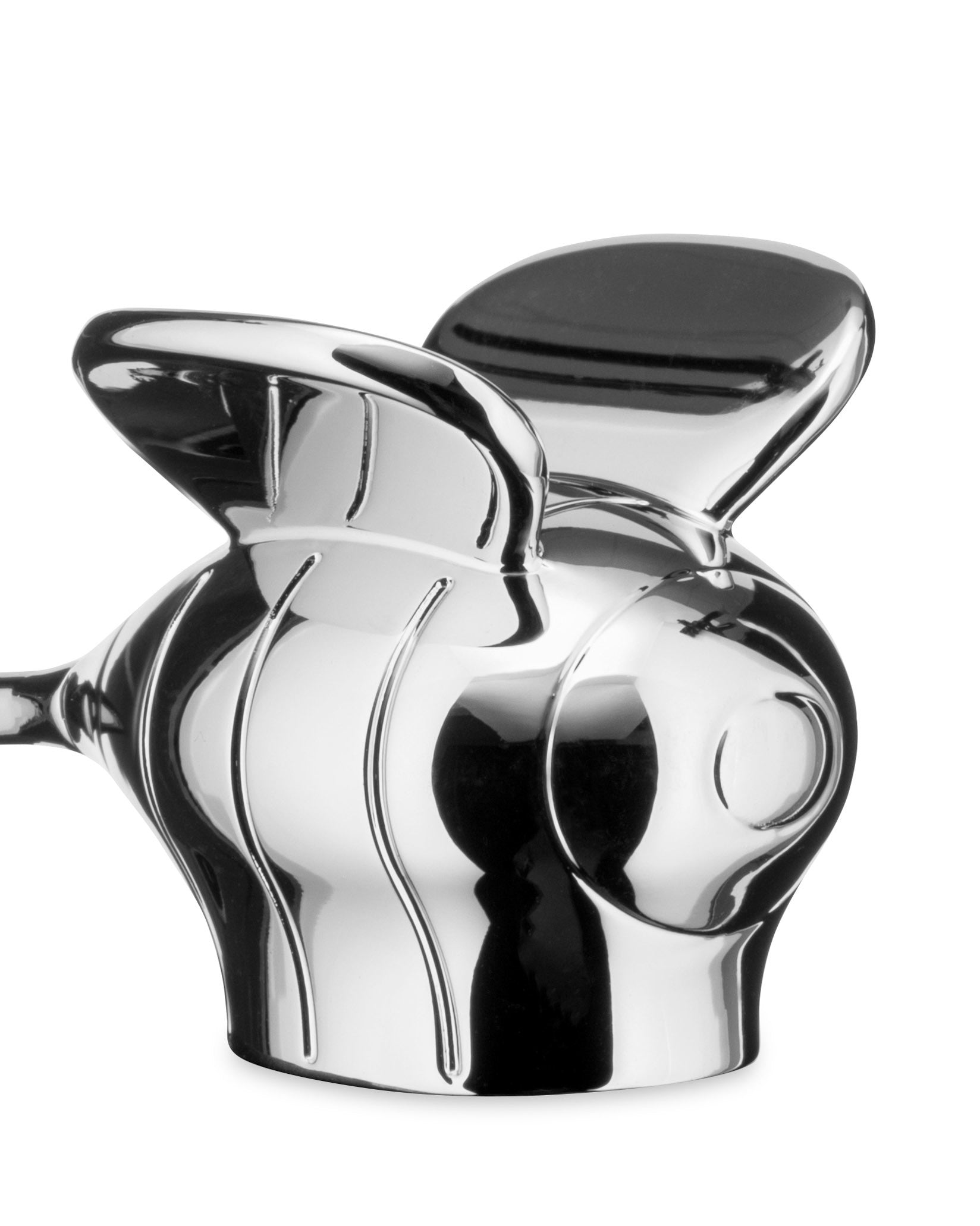 Shiny chrome stylized bee object by Alessi, with sleek, reflective curves viewed from the side.