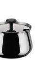 Polished stainless steel sugar bowl by Alessi with a black knob lid and a spoon slot, cropped on white.