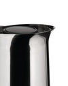 Silver metallic pitcher by Alessi with a black ribbed lid and reflective surface, close-up.