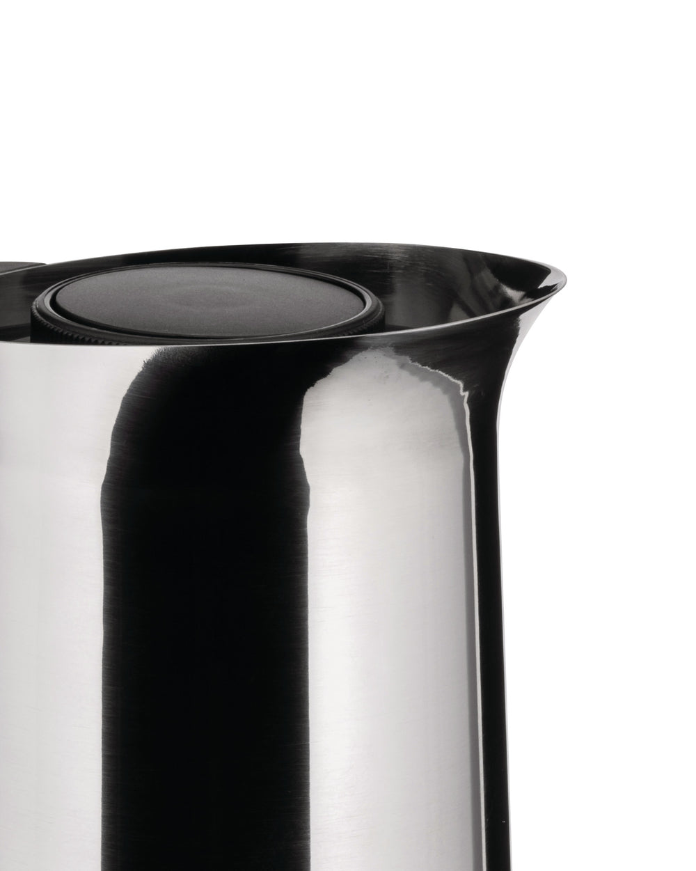 Silver metallic pitcher by Alessi with a black ribbed lid and reflective surface, close-up.