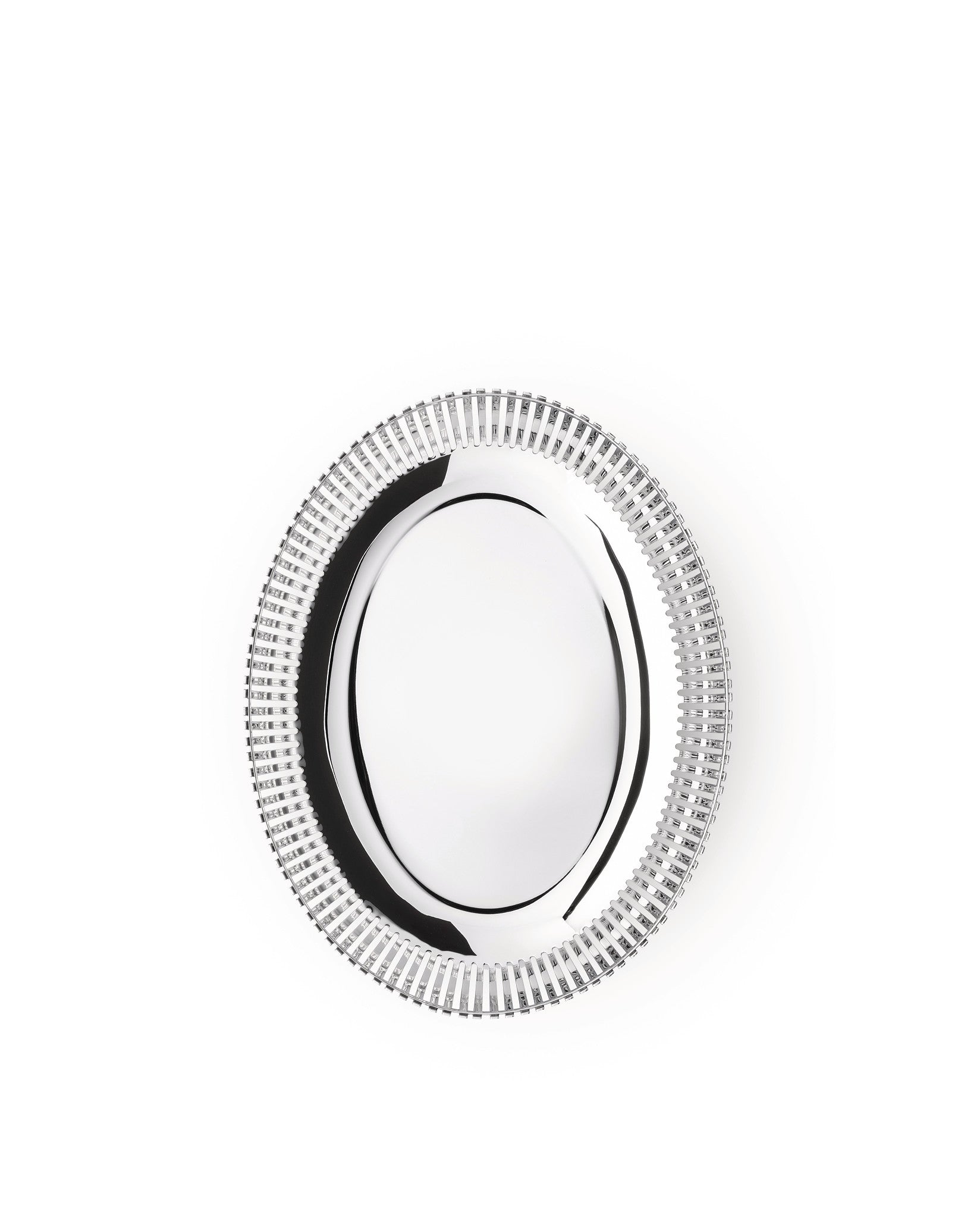 Silver oval basket by Alessi with a shiny finish and ribbed rim, viewed from above.
