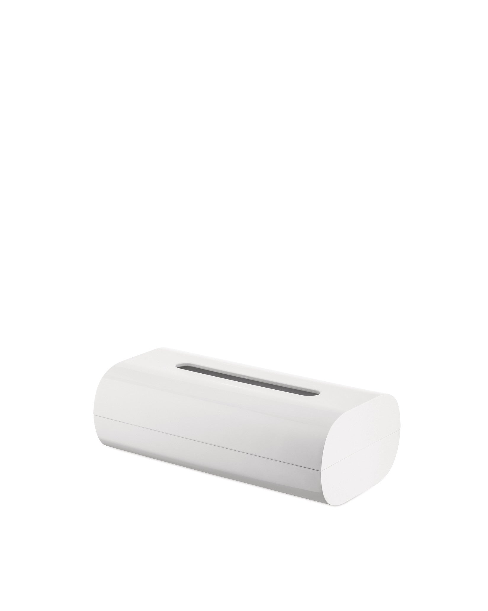White tissue box cover by Alessi, with a minimalist design and rounded corners, shown at an angle.