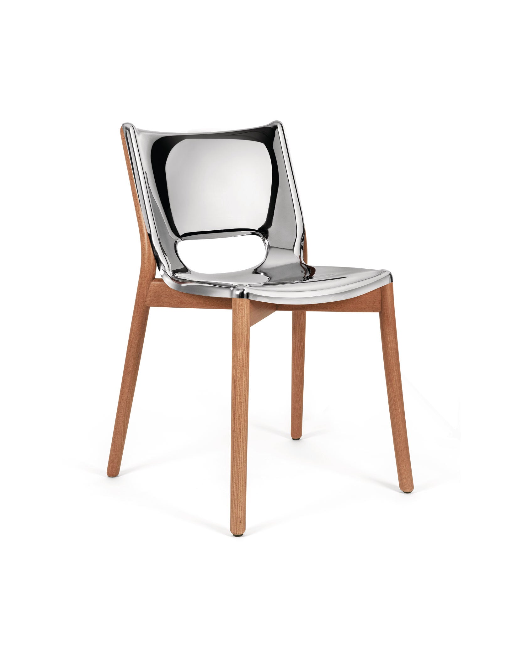 A chrome-plated metal chair with a wooden frame by Alessi, featuring a glossy finish and tapered legs.