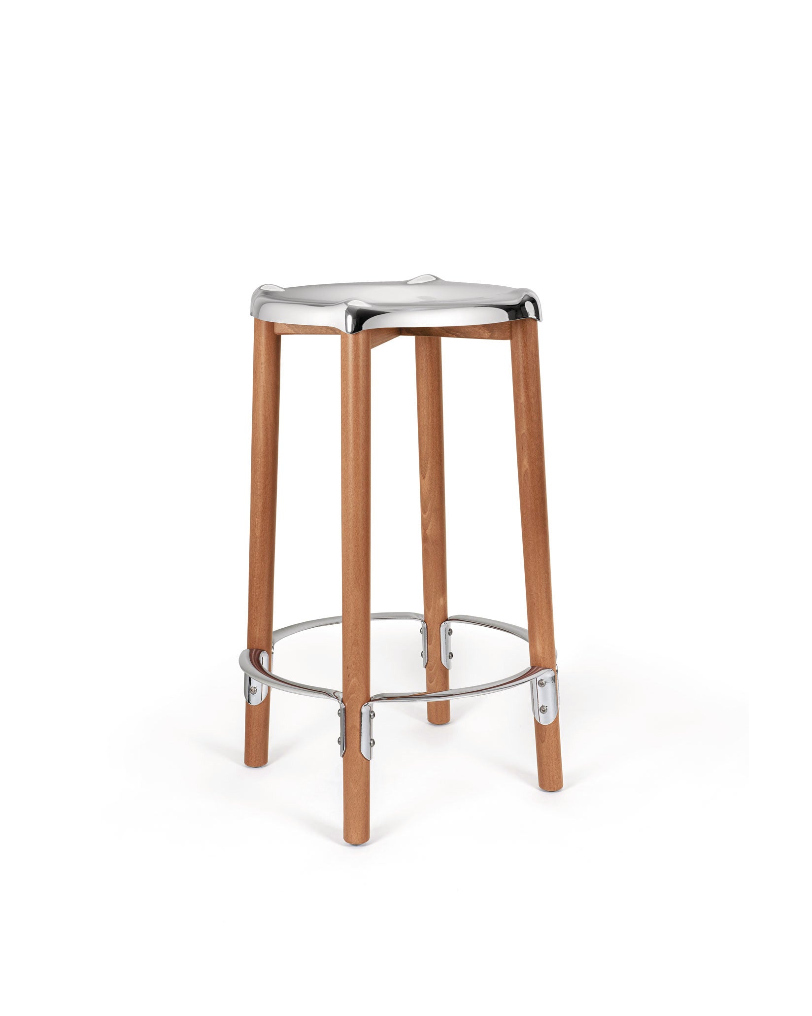 Tall wooden and chrome bar stool by Alessi, featuring a polished silver seat and circular footrest.