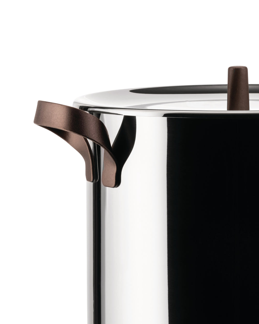 Glossy stainless steel cooking pot by Alessi with a matte brown curved handle and cylindrical lid knob, cropped side view.