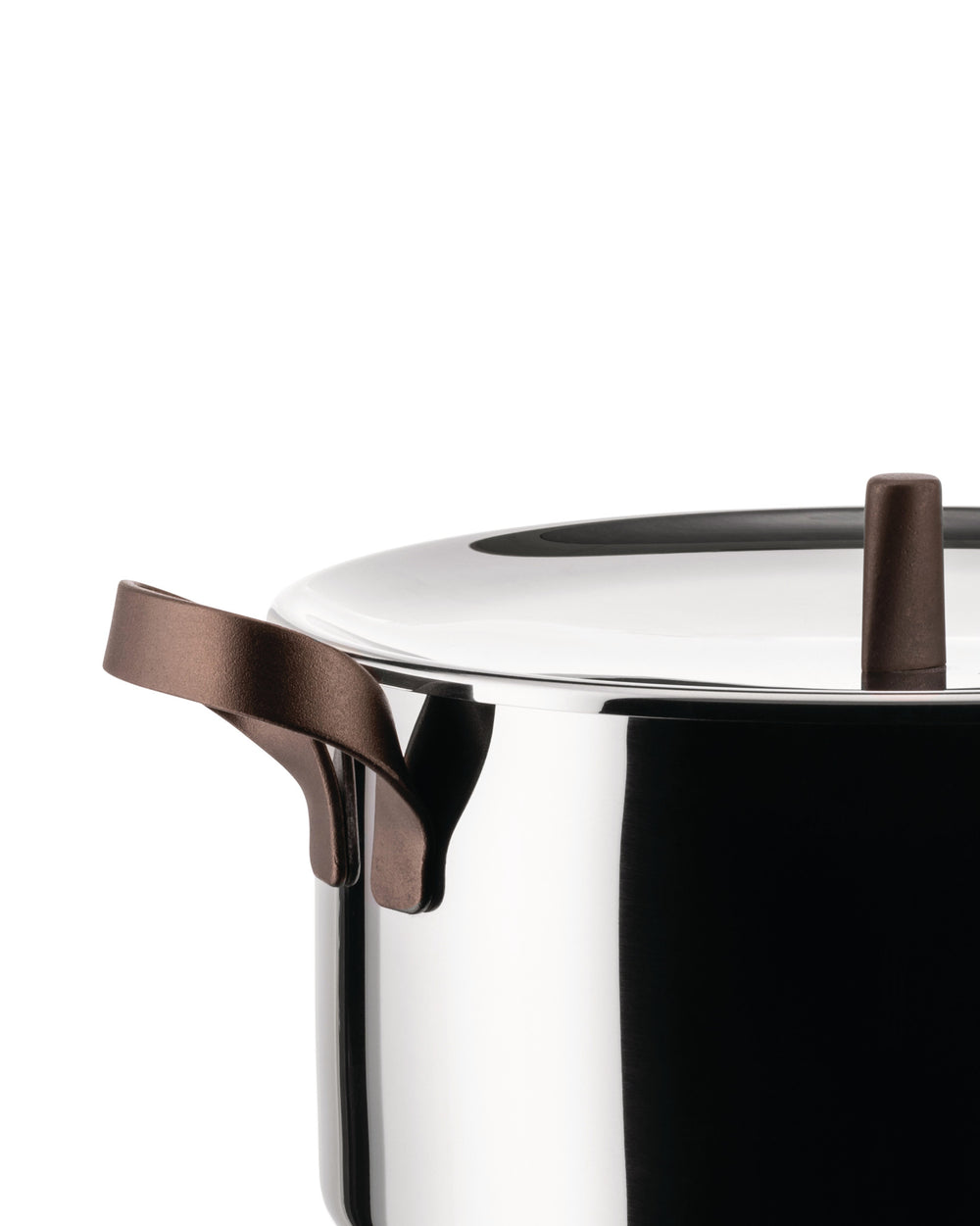 Stainless steel cooking pot by Alessi with bronze-brown textured handles and lid knob, shown in a close-up side view.