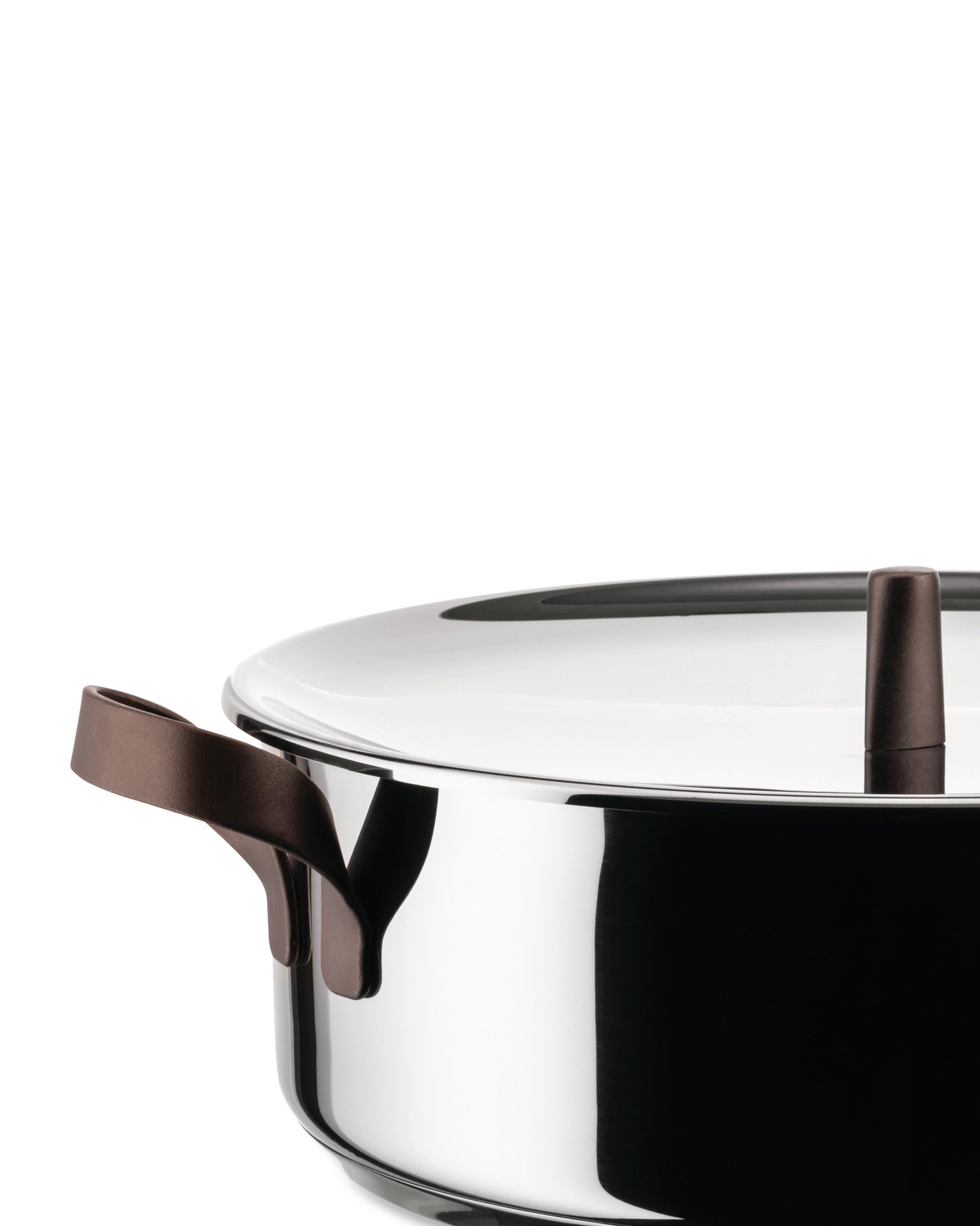 Stainless steel pot by Alessi with dark brown handles and a matching lid knob, cropped close-up.