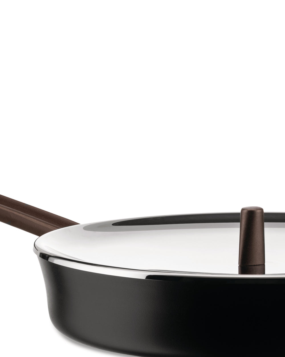 Matte black cooking pot by Alessi with a clear lid and brown handle, in a cropped side view.