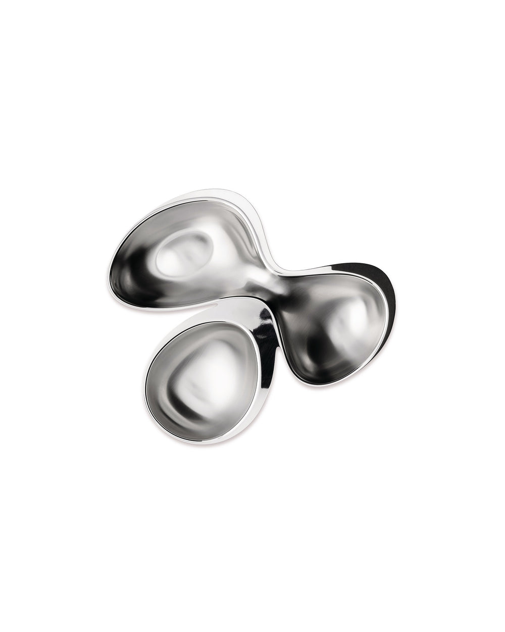 Silver multi-compartment serving dish by Alessi with three organically shaped, reflective compartments.
