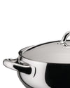 Stainless steel casserole by Alessi with a highly reflective finish, domed lid, and sleek side handles.