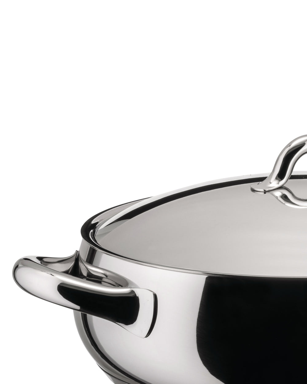 Stainless steel casserole by Alessi with a highly reflective finish, domed lid, and sleek side handles.