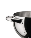Stainless steel colander by Alessi, a close-up side view showing its shiny, perforated bowl and curved handle.