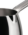 Polished stainless steel saucepan by Alessi, with a contrasting brushed interior and mirror-polished exterior, close-up.