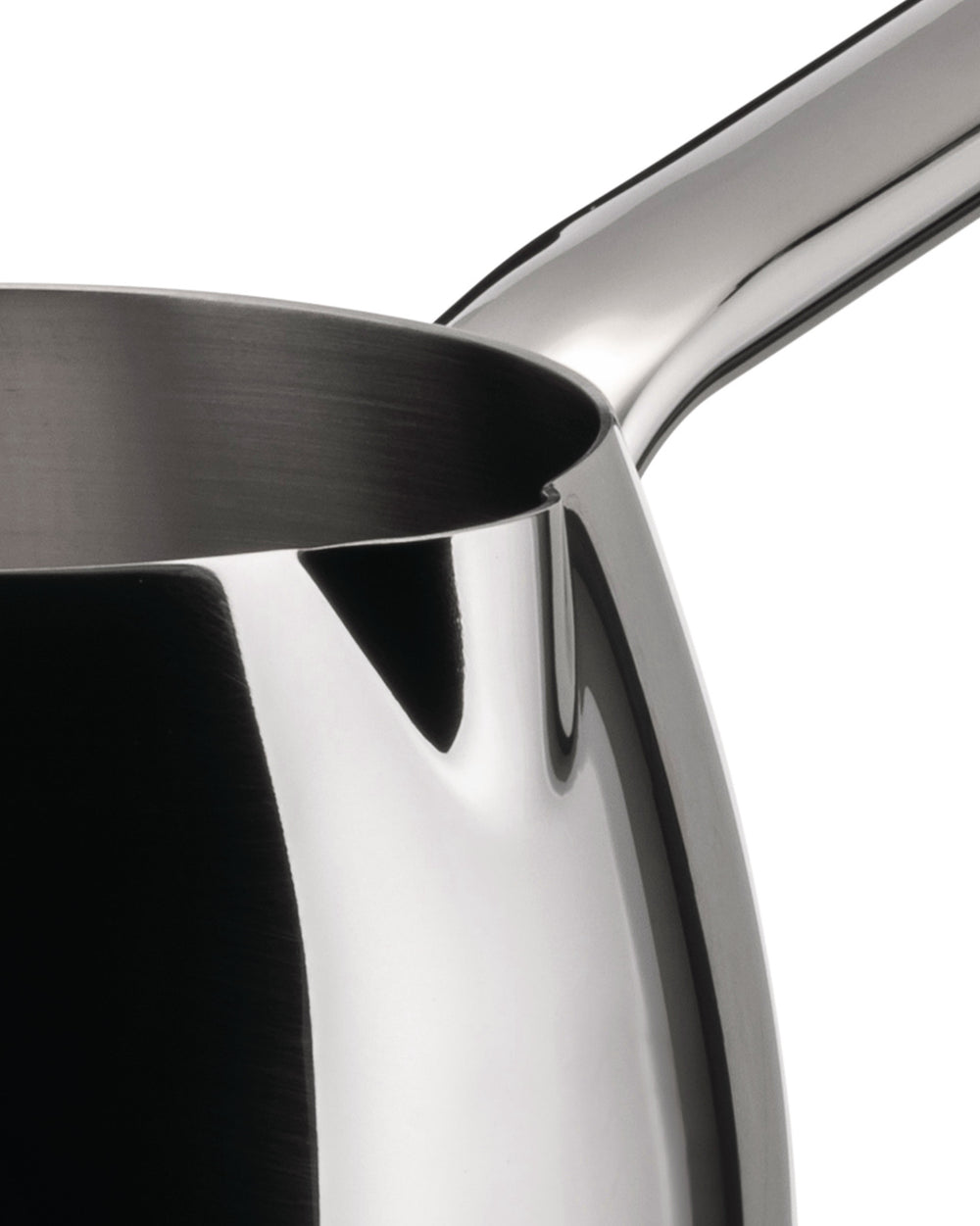 Polished stainless steel saucepan by Alessi, with a contrasting brushed interior and mirror-polished exterior, close-up.