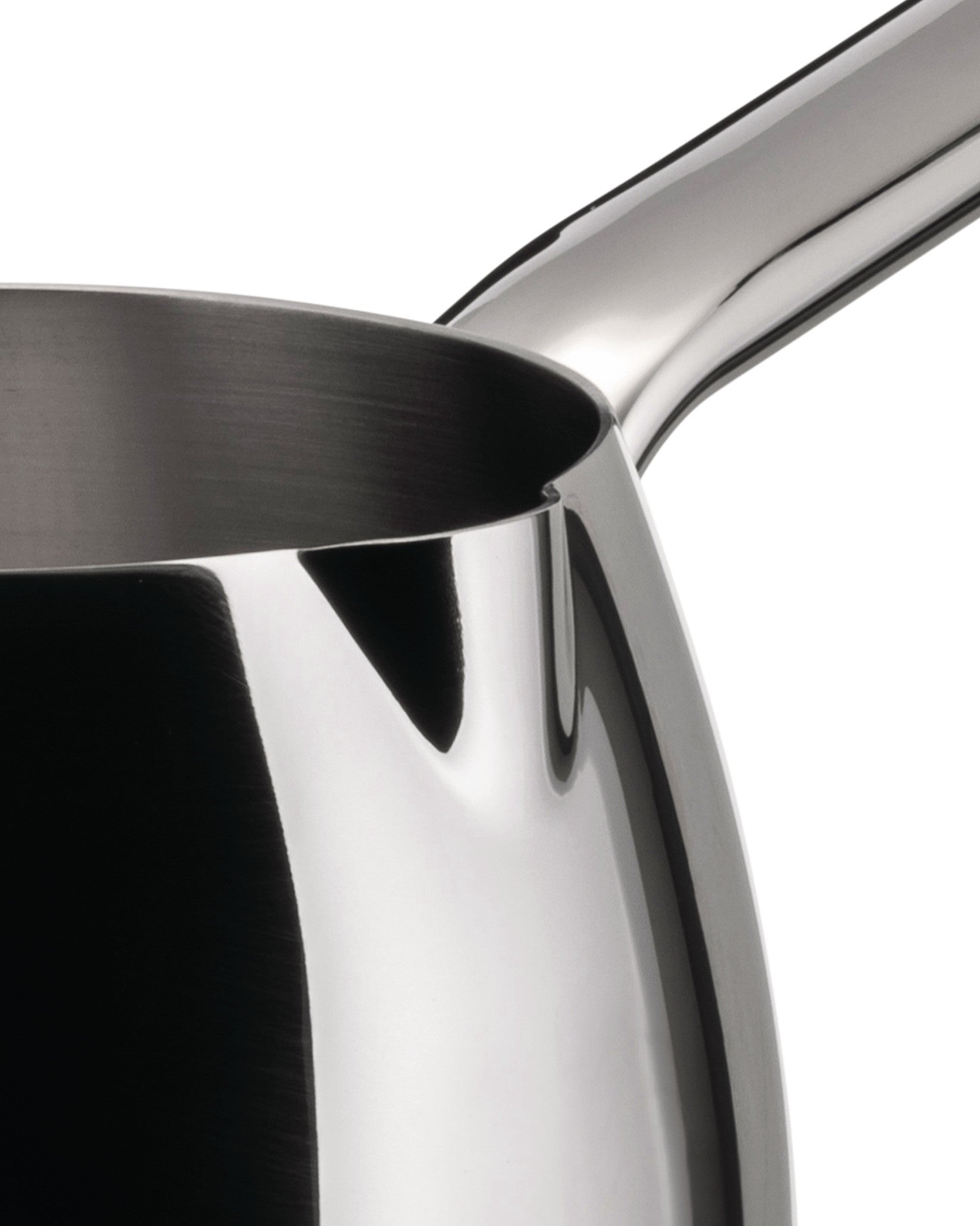 Polished stainless steel saucepan by Alessi, with a contrasting brushed interior and mirror-polished exterior, close-up.
