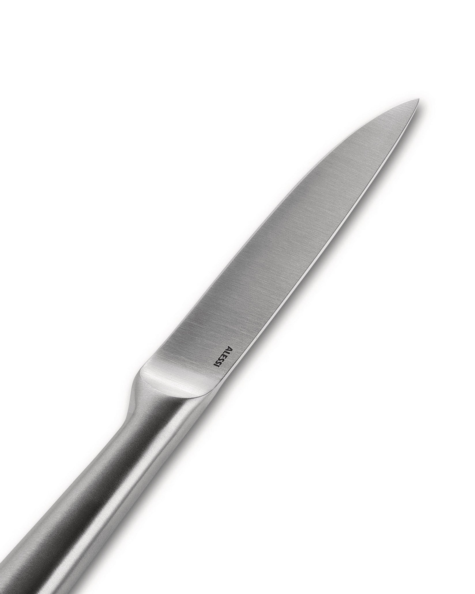 Silver stainless steel knife by Alessi with a brushed finish and engraved logo, angled on white.