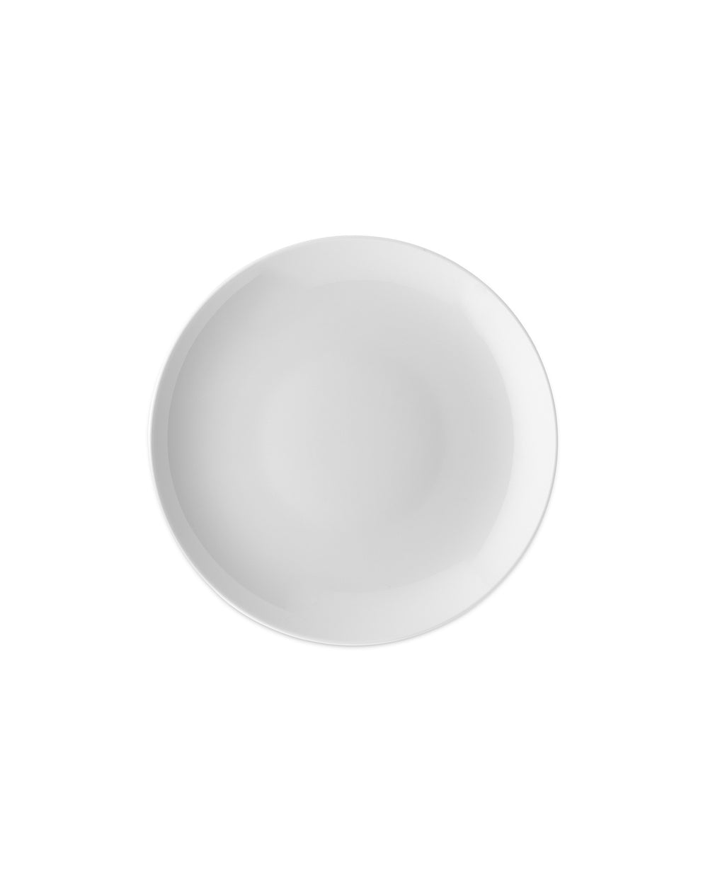 White round plate by Alessi with a simple, plain surface, viewed from above.
