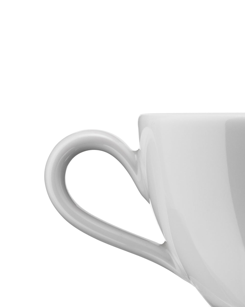 White ceramic cup by Alessi, a cropped close-up side view showing its handle.