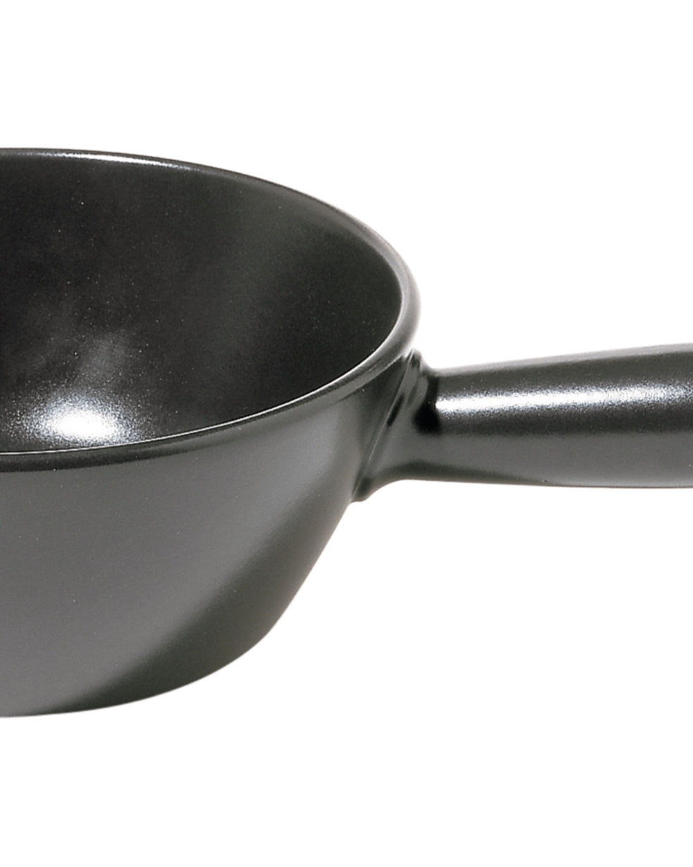 Matte black saucepan by Alessi with a glossy interior and handle, cropped view.