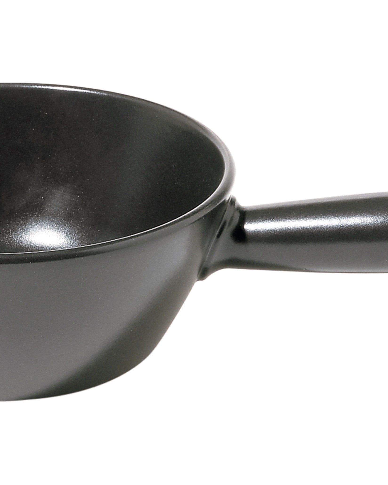 Matte black saucepan by Alessi with a glossy interior and handle, cropped view.