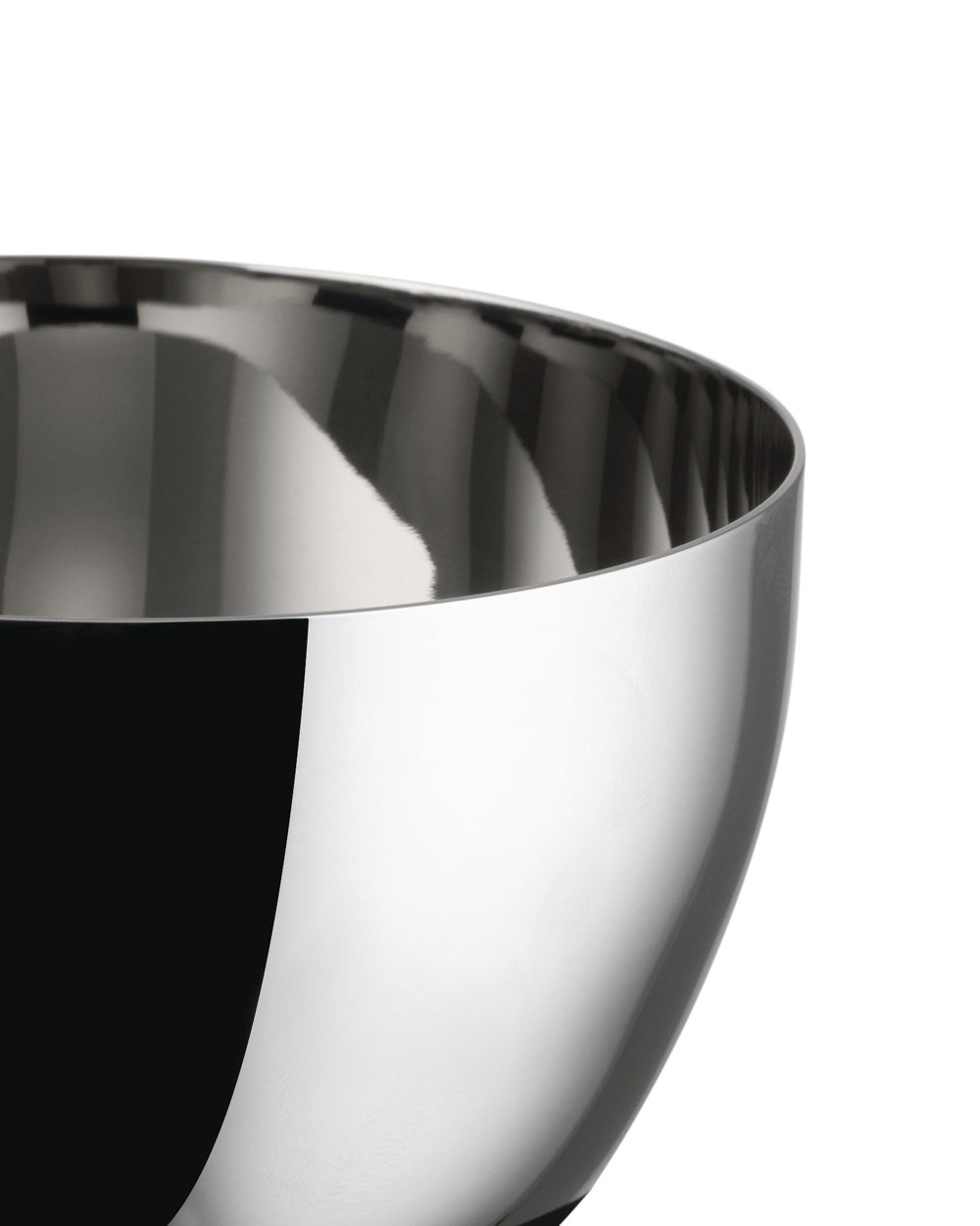 Polished stainless steel Mami bowl by Alessi, with a highly reflective surface and elegant curved rim, shown cropped.