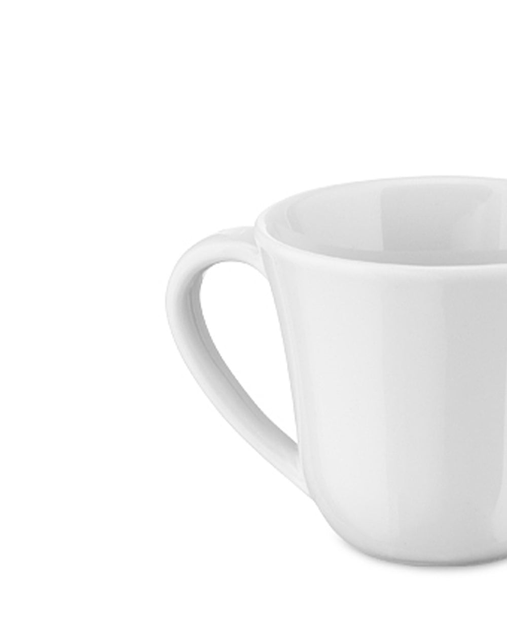 White ceramic mug by Alessi, with a clean design and curved handle, shown in a cropped side view.