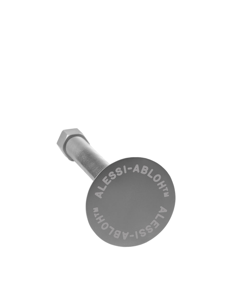 Grey metal bolt by Alessi with a flat circular head inscribed "ALESSI-ABLOH™" and a threaded shaft.