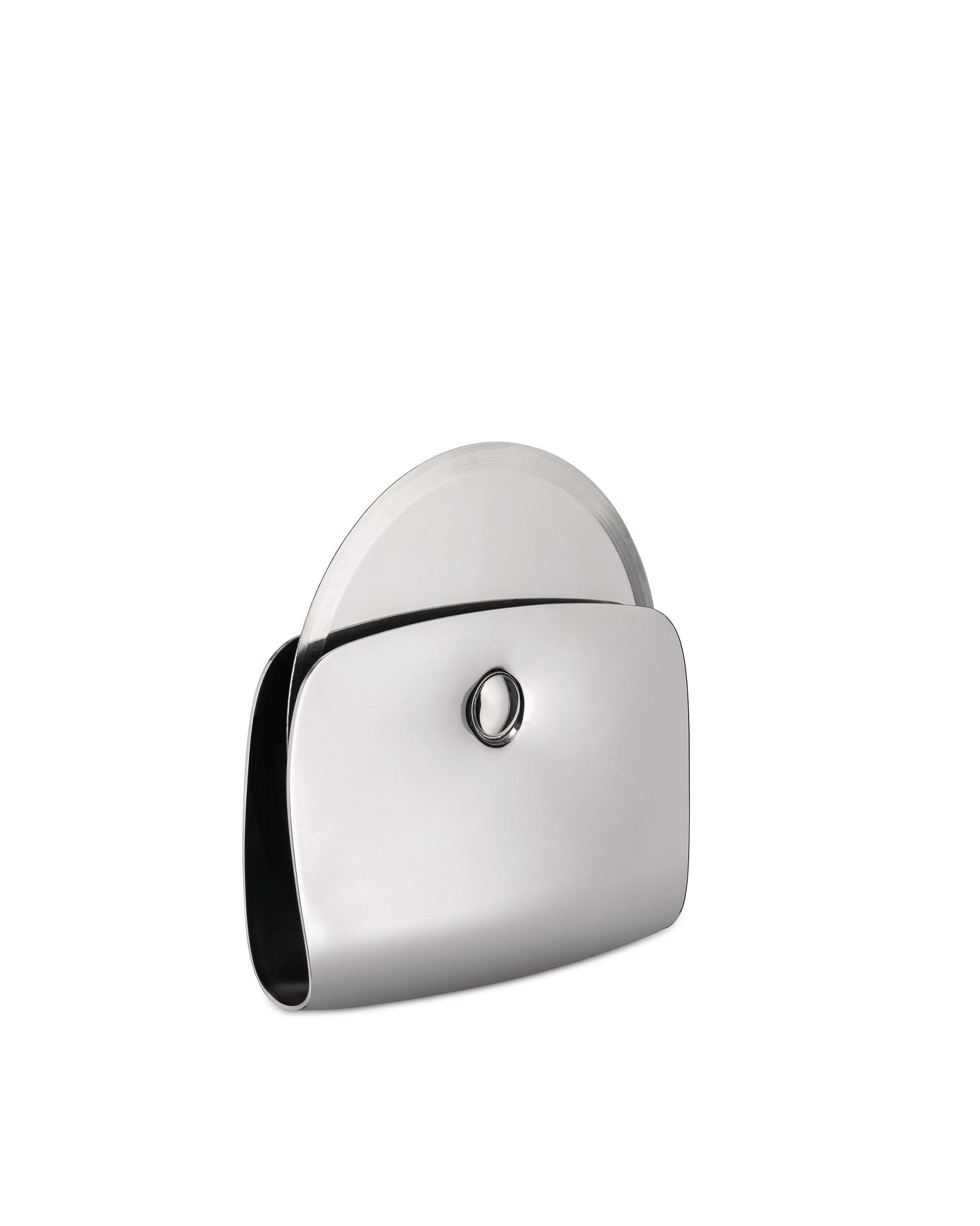 Silver stainless steel pizza cutter by Alessi, with a sleek, curved protective cover and a visible cutting blade.