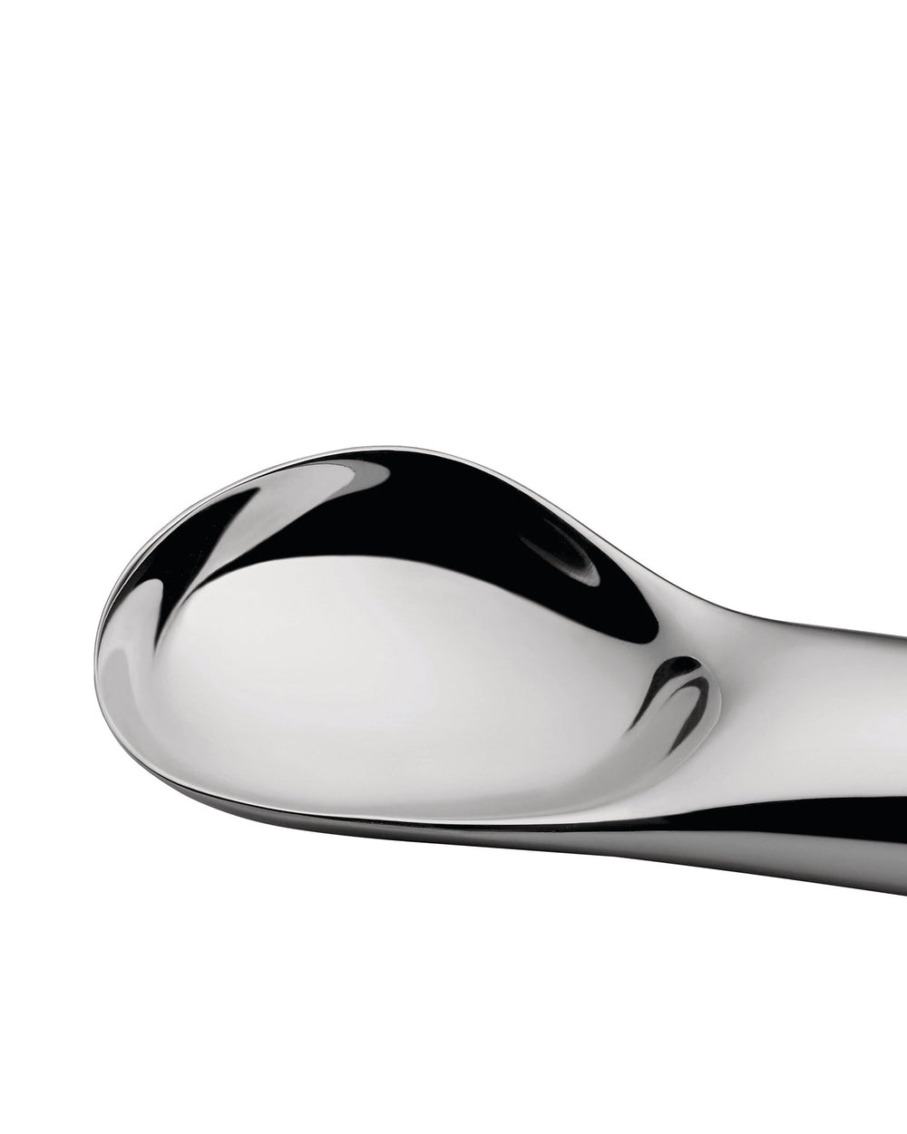 Silver serving spoon by Alessi with a highly polished, reflective, and sleek curved design, shown in a close-up.