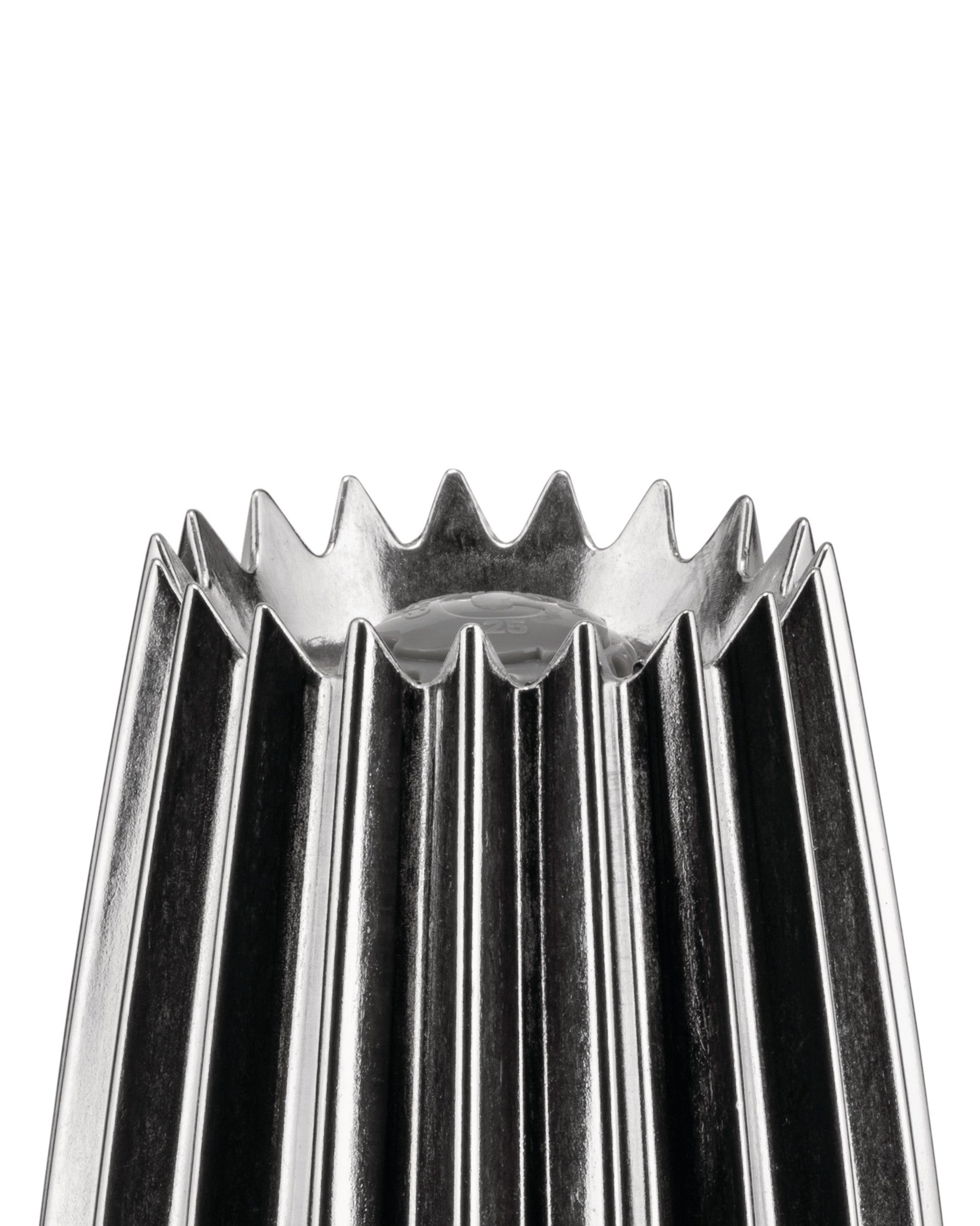 Silver metallic fluted Grind by Alessi, featuring a wavy top edge.