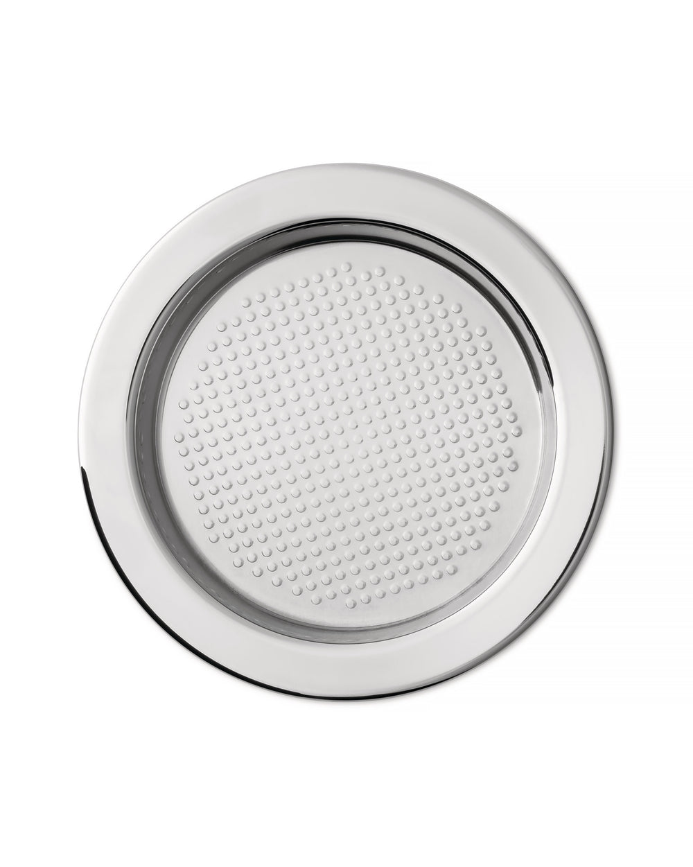 Round polished stainless steel serving tray by Alessi with a dimpled surface texture on a white background.