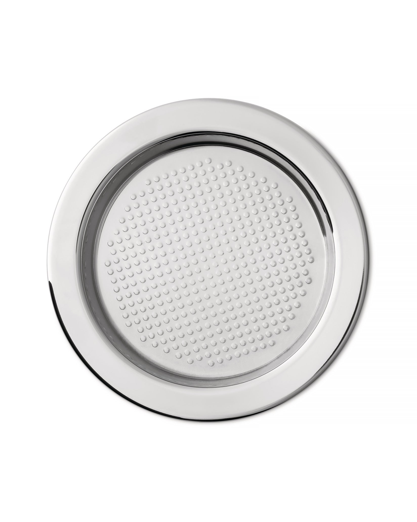 Round polished stainless steel serving tray by Alessi with a dimpled surface texture on a white background.