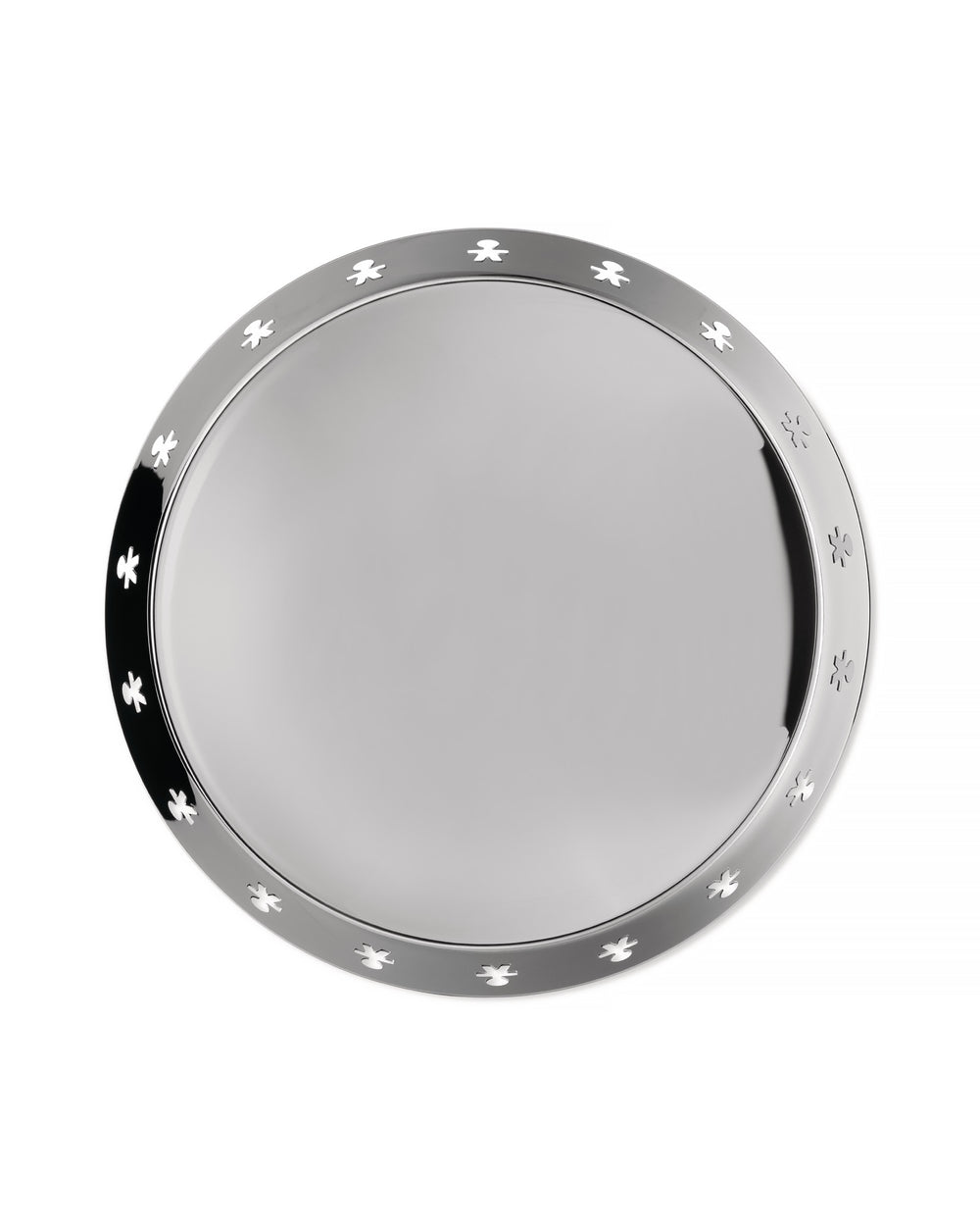 Silver metal round tray by Alessi, featuring a rim with cut-out stylized human figures.