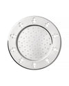 Silver-tone round tray by Alessi with cutout figures on the rim and raised dots in the center.