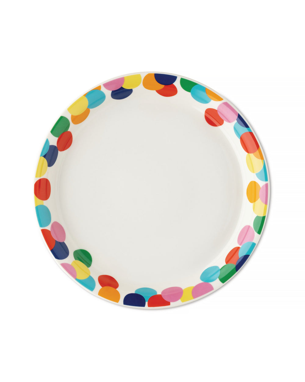 White plate by Alessi with a rim decorated with overlapping colorful polka dots.