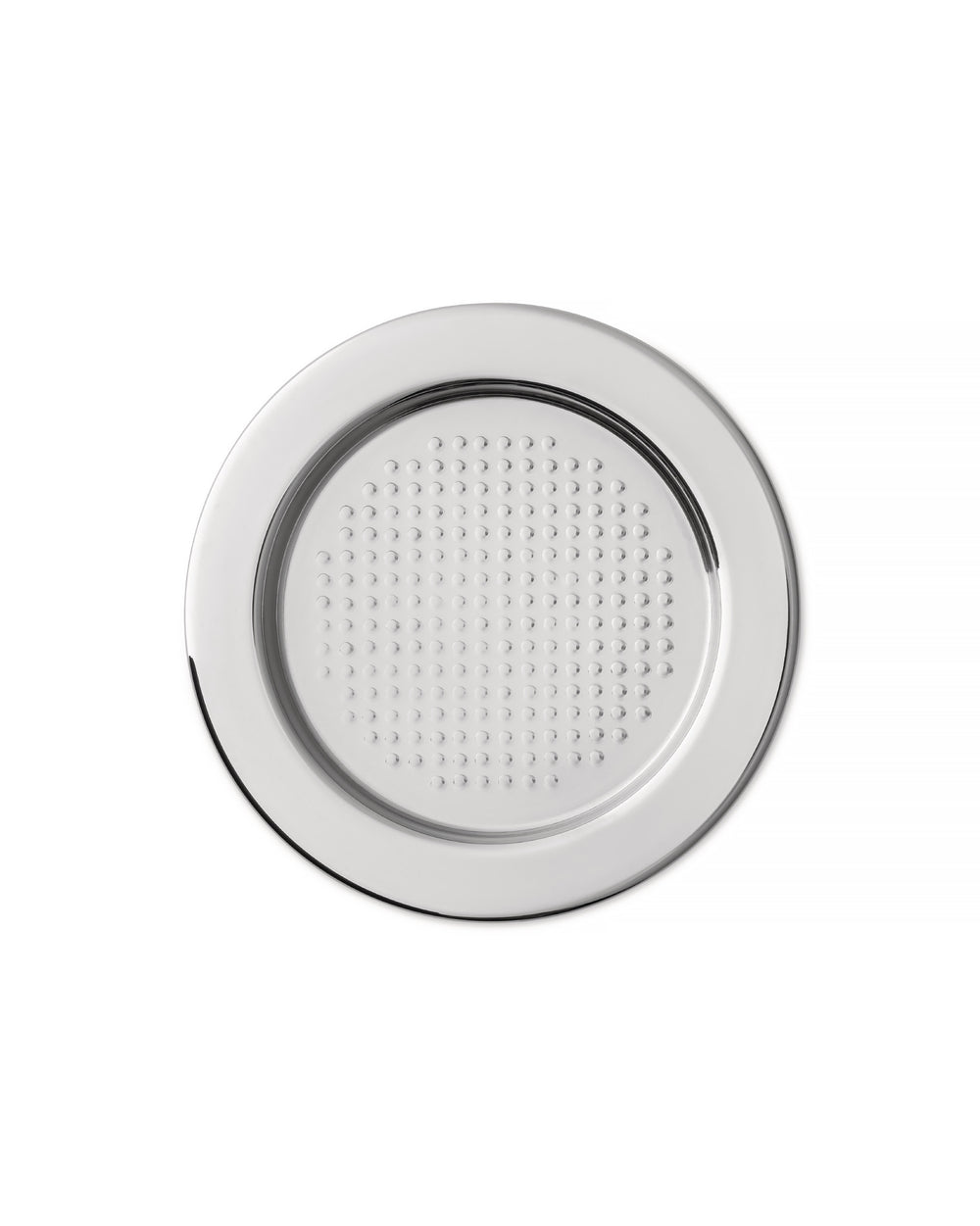 Round metallic plate by Alessi with a patterned center of raised dots and a polished rim.