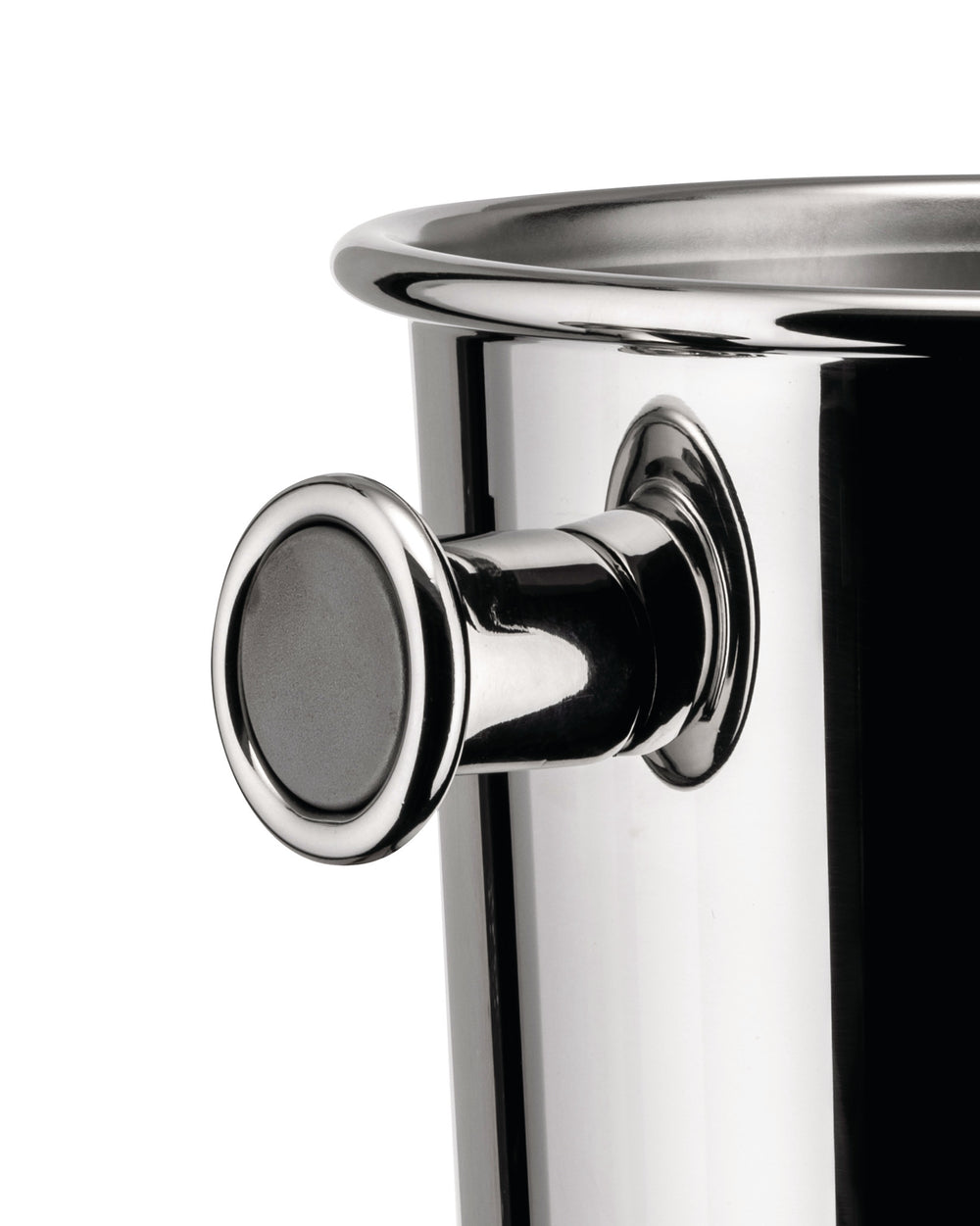 Polished stainless steel wine cooler by Alessi, close-up of a side handle and rim on white.