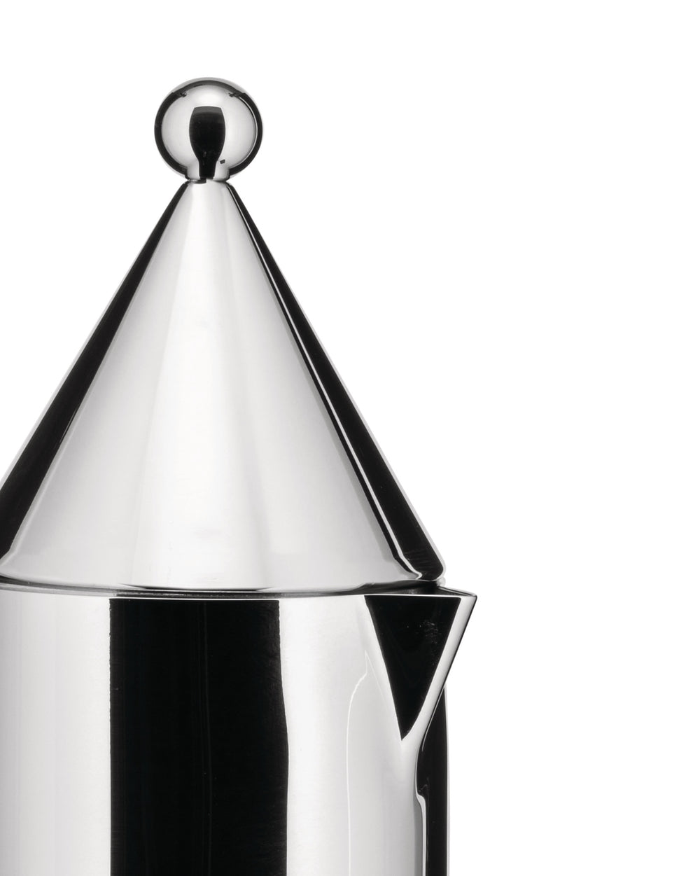 Polished conical silver coffee maker by Alessi, featuring a spherical top knob and a visible spout, cropped.