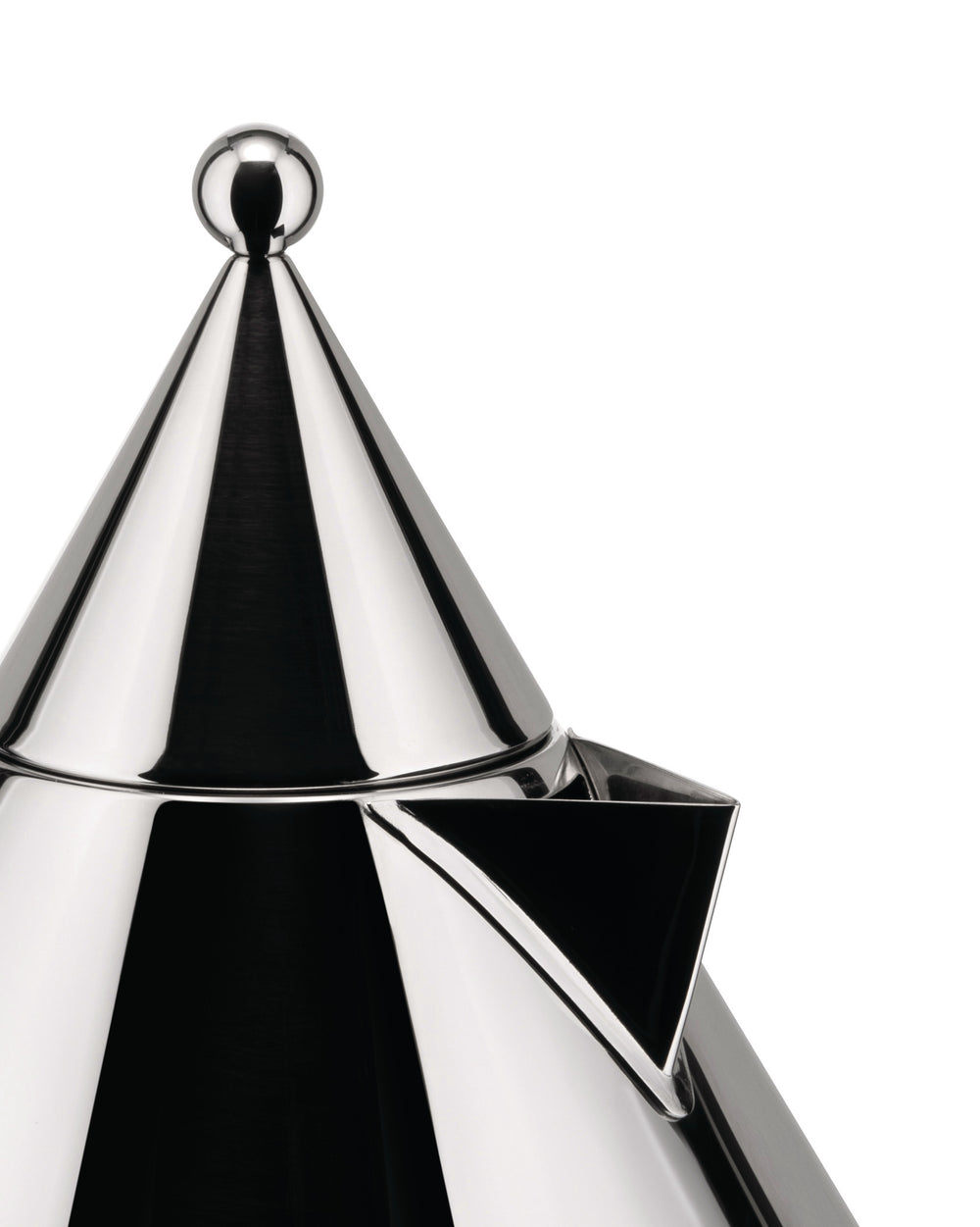 Polished stainless steel conical kettle by Alessi, with a spherical finial and angular spout, in a close-up.