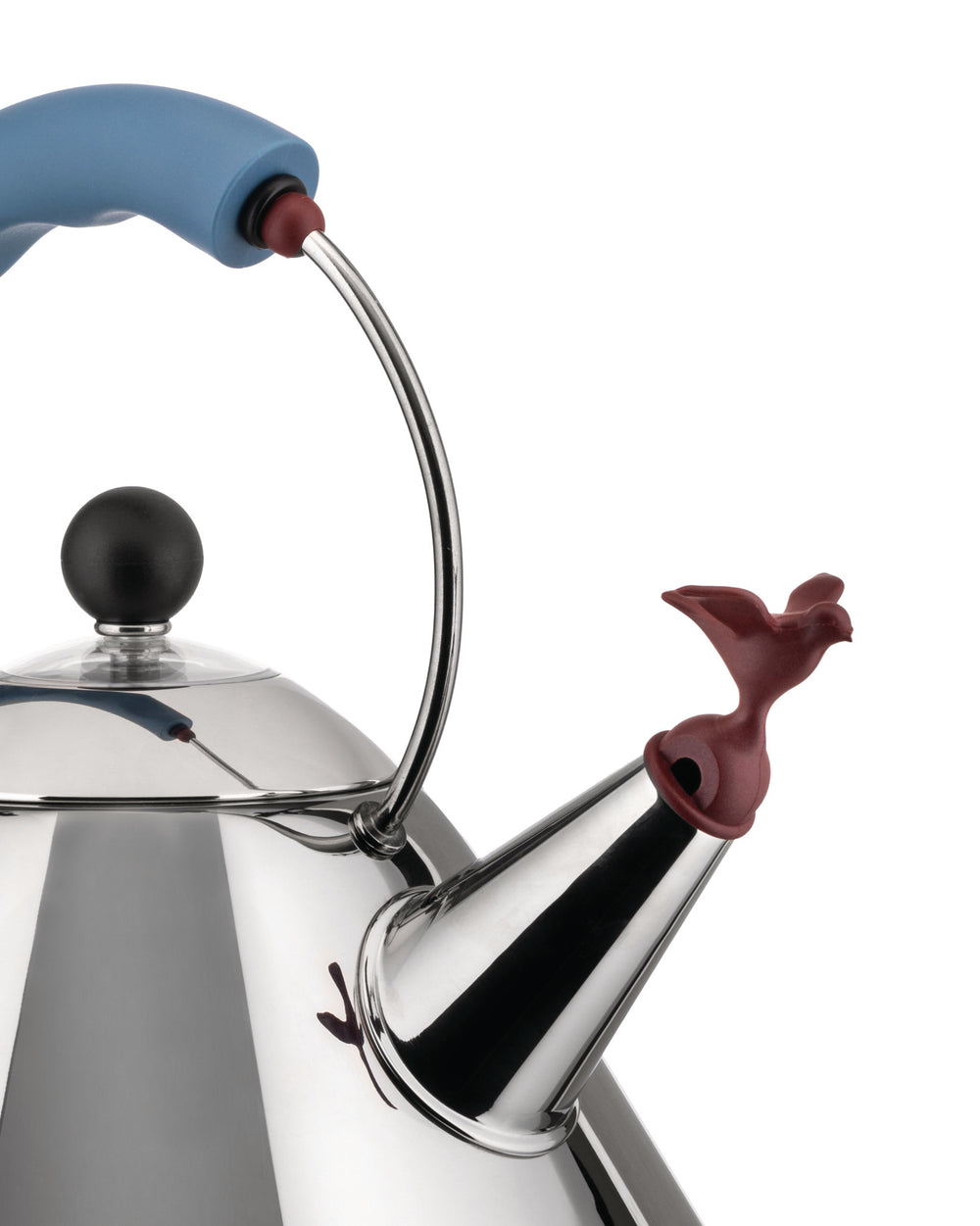 Stainless steel kettle by Alessi with a light blue handle and a red bird-shaped whistle.