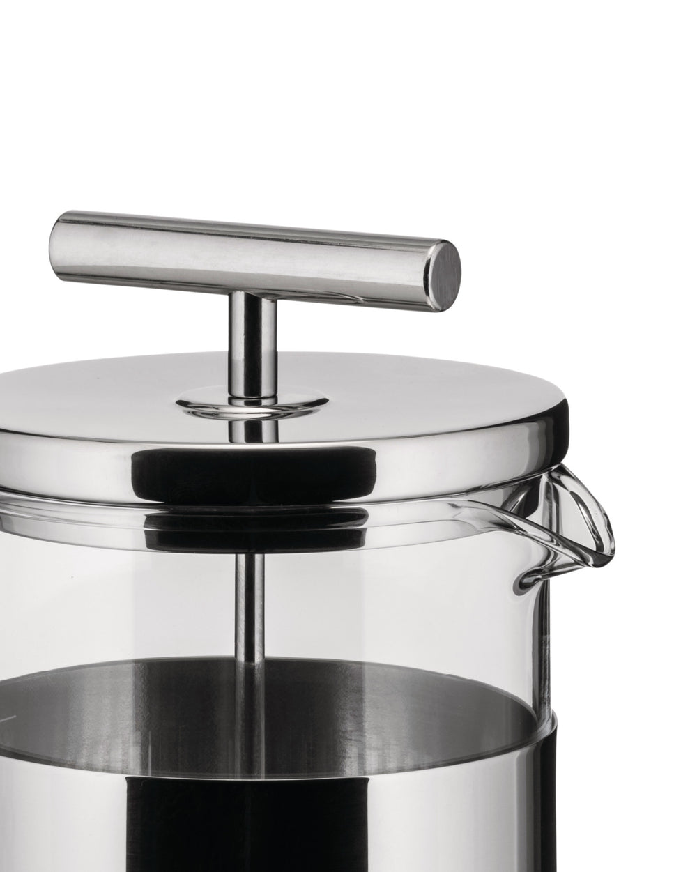 Polished stainless steel and glass French press by Alessi with a T-bar handle and transparent cylindrical carafe.
