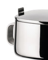 Stainless steel sugar bowl by Alessi with a polished finish, featuring a small rectangular lid handle and a large C-shaped side handle, in a cropped side view.