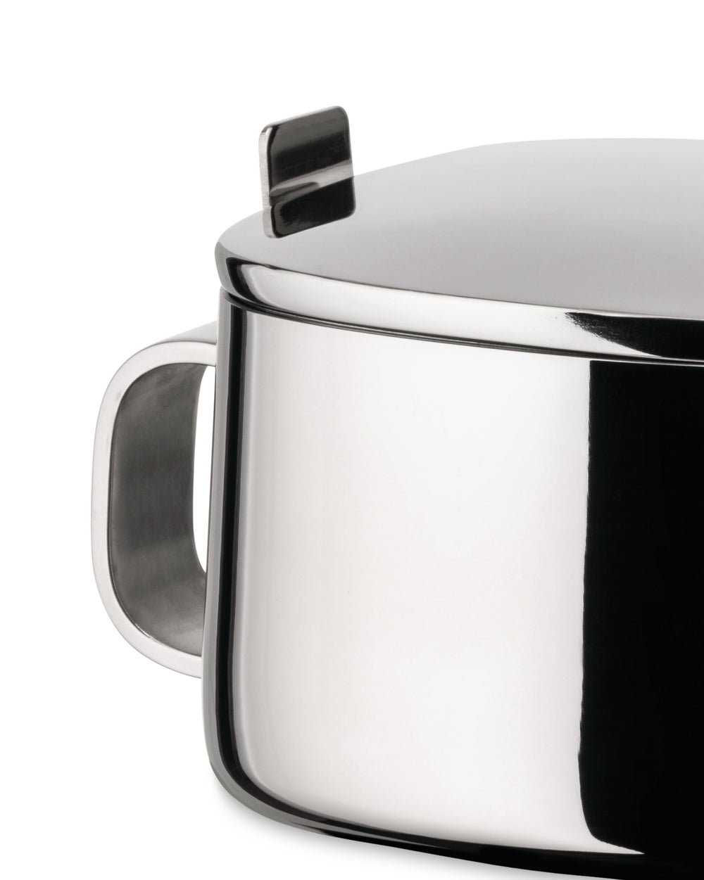 Stainless steel sugar bowl by Alessi with a polished finish, featuring a small rectangular lid handle and a large C-shaped side handle, in a cropped side view.