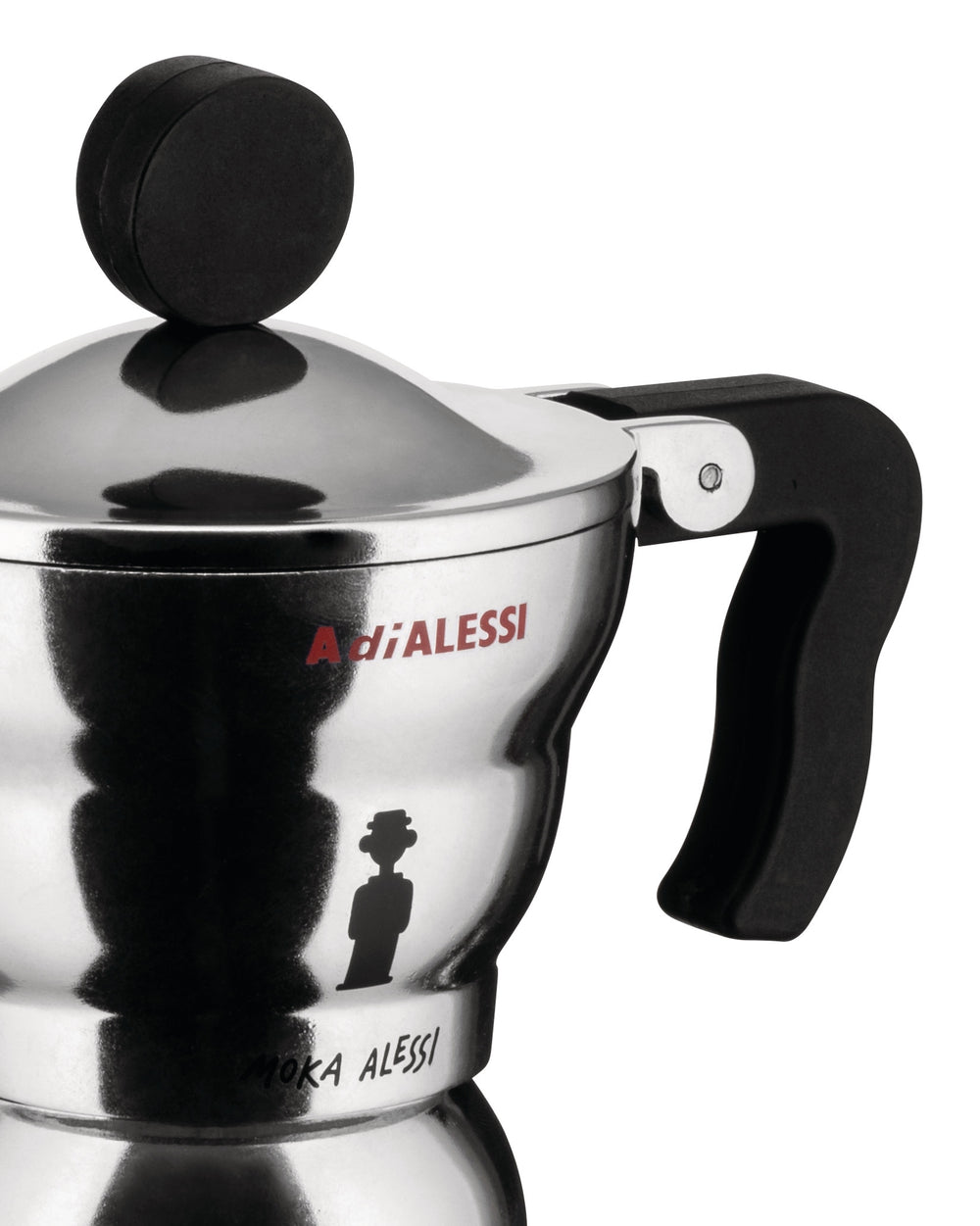 Silver stainless steel moka pot by Alessi with a black handle and knob, red A di ALESSI logo, stylized human figure, and MOKA ALESSI text.
